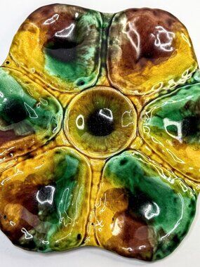 Antique Majolica Oyster Plate Green Yellow Brown Glaze 10in A900